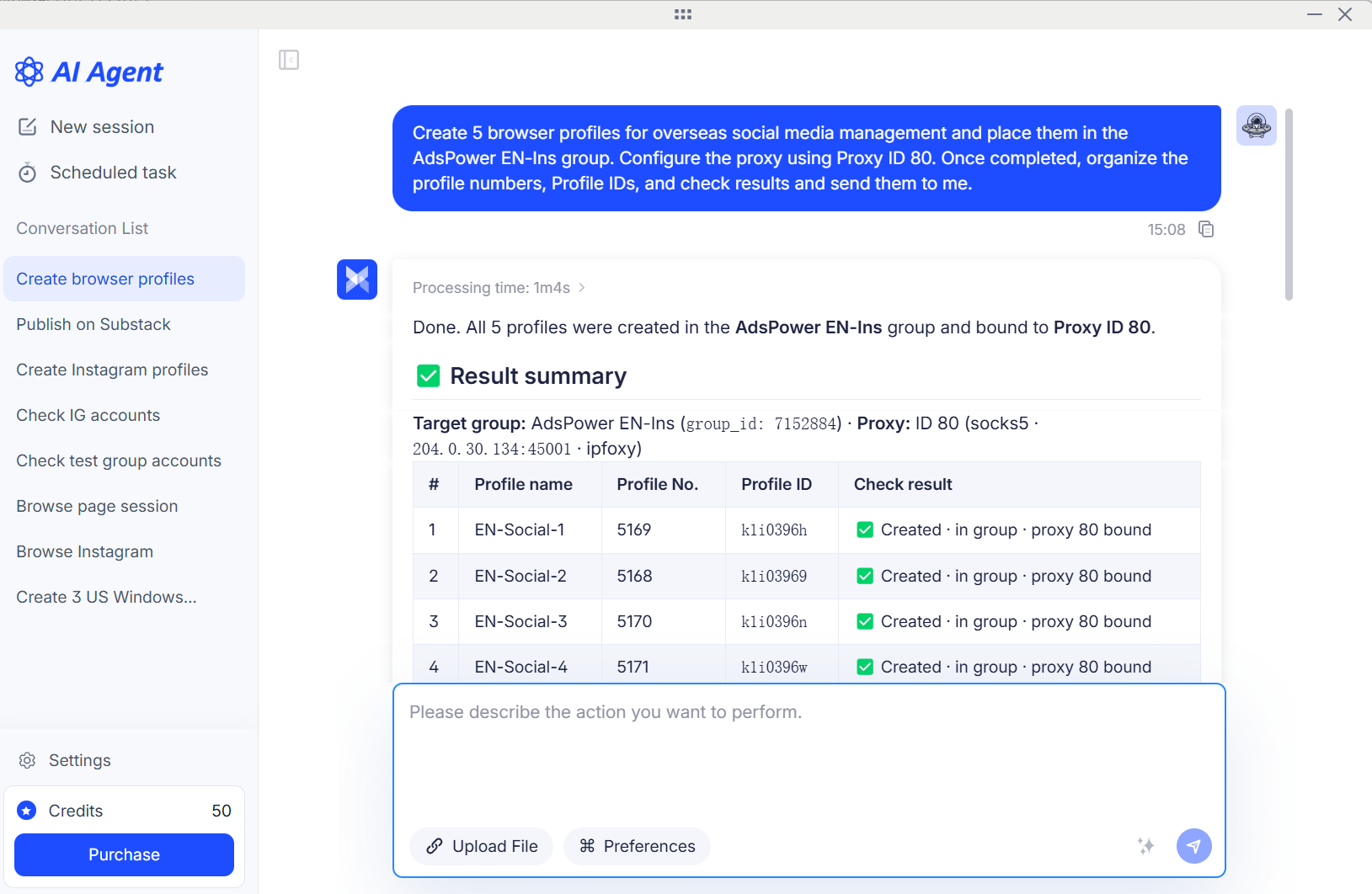 AdsPower AI Agent — Pregătește profiluri de cont pentru un proiect nou
