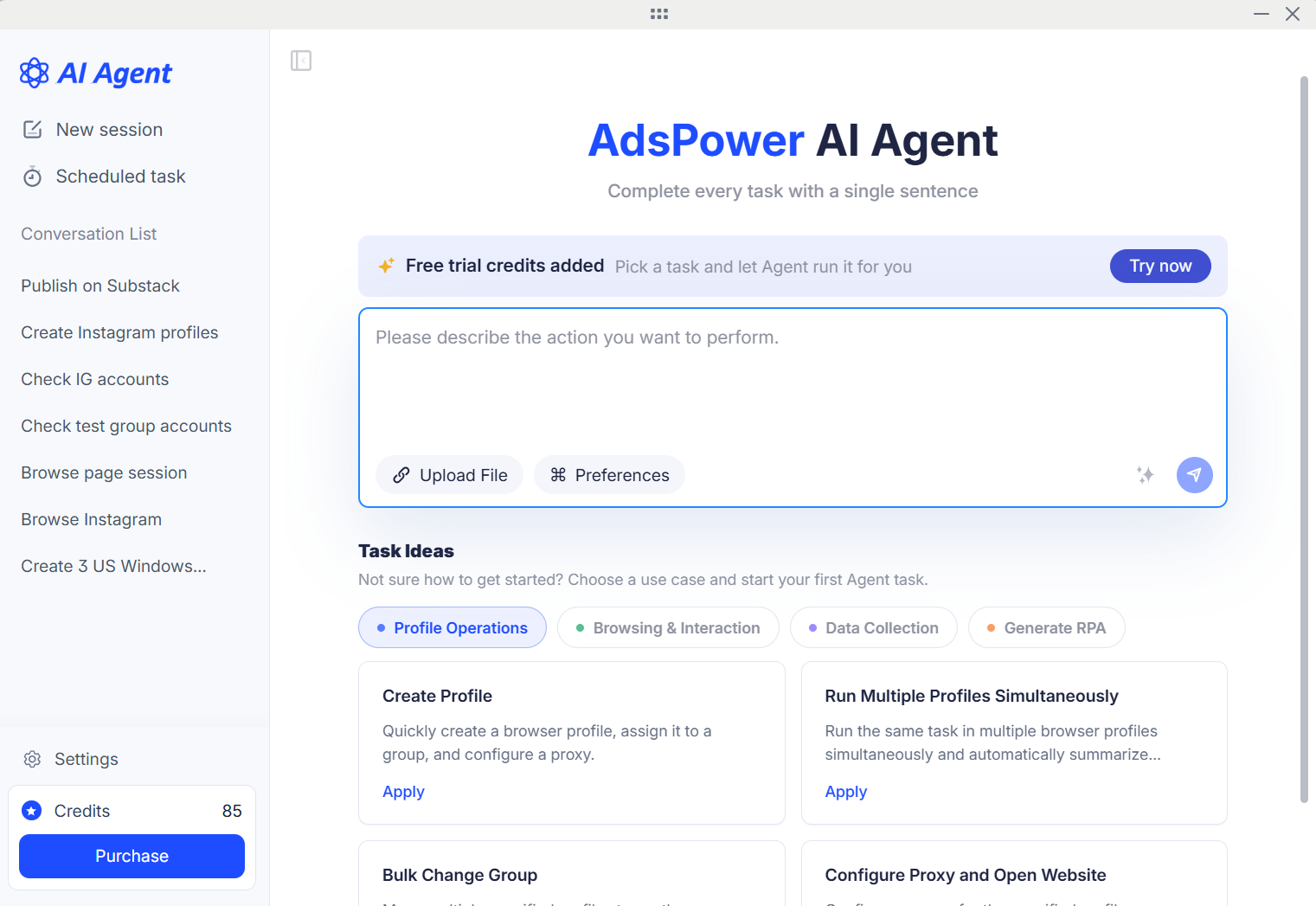 Spațiul de lucru AdsPower AI Agent cu câmpul pentru sarcini, profiluri de browser și soldul creditelor